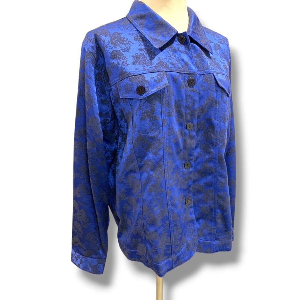 Size XL Susan Graver Womens Blue Black Satin Brocade Jacket